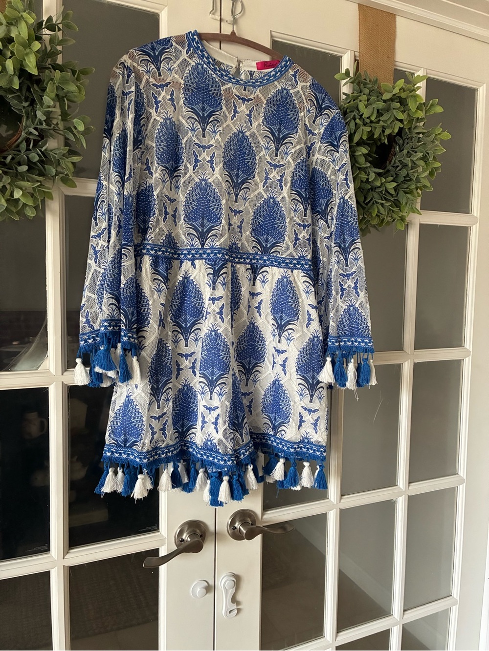 Blue White Tassel Trim Boho Romper